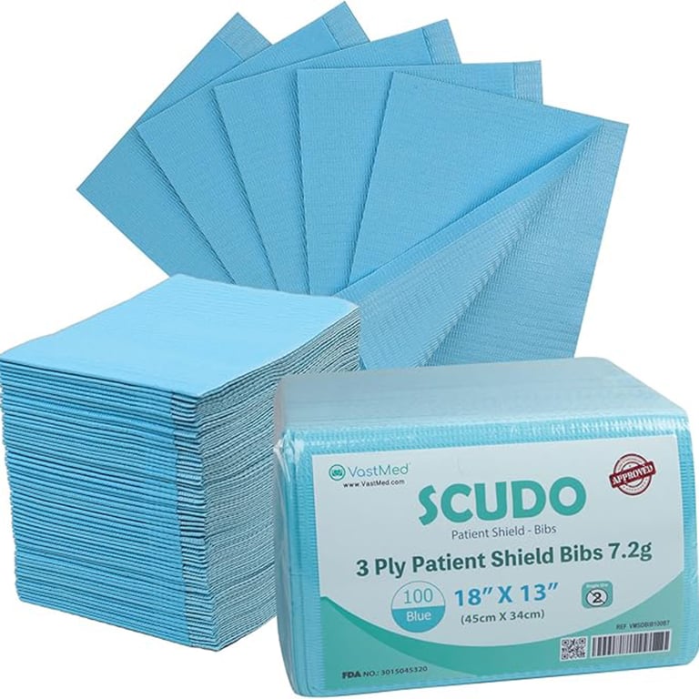 VastMed Scudo 13" x 18" 7.2g Disposable Waterproof Bib Sheet, Blue, 125/Pk. Designed with 3-ply