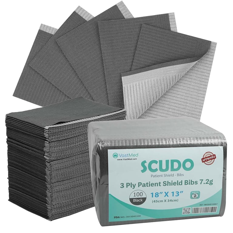 VastMed Scudo 13" x 18" 7.2g Disposable Waterproof Bib Sheet, Black, 125/Pk. Designed with 3-ply