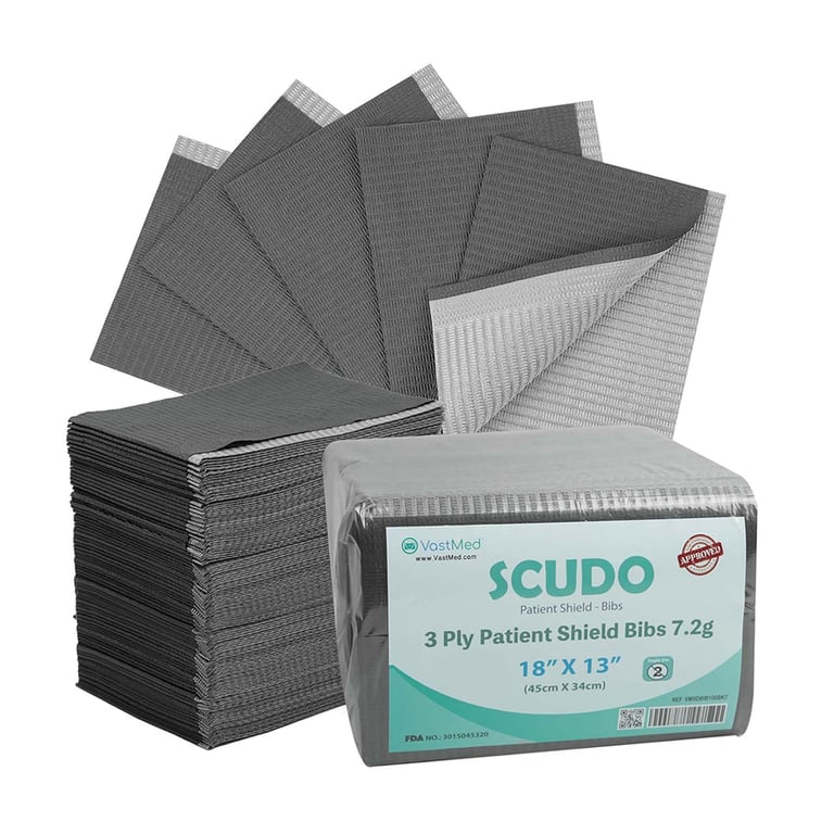 VastMed Scudo 13" x 18" Patient Bibs, 3-Ply, Blac