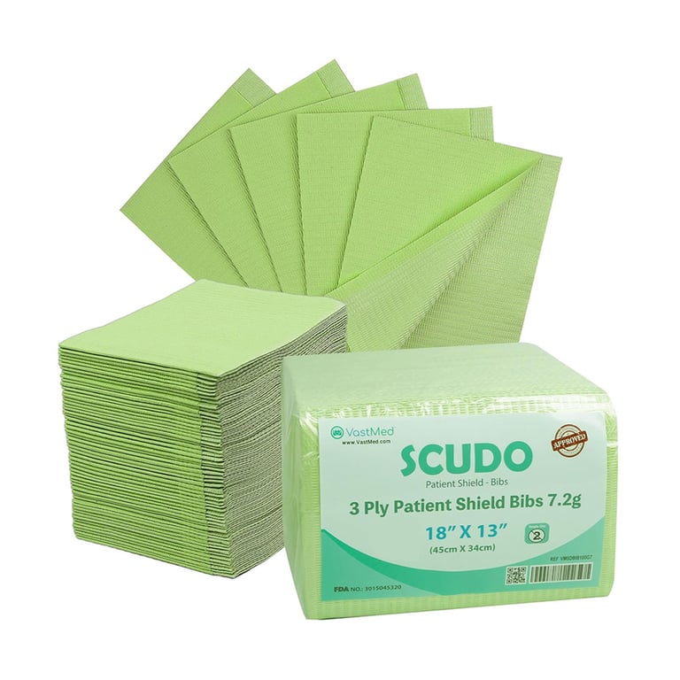 VastMed Scudo 13" x 18" Patient Bibs, 3-Ply, Gree
