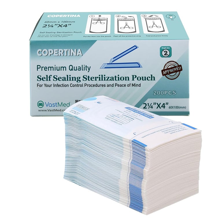 VastMed 2.25" x 4" Self-Sealing Sterilization Pouch, Dual Indicators, 200/Pk, Case of 5. Features
