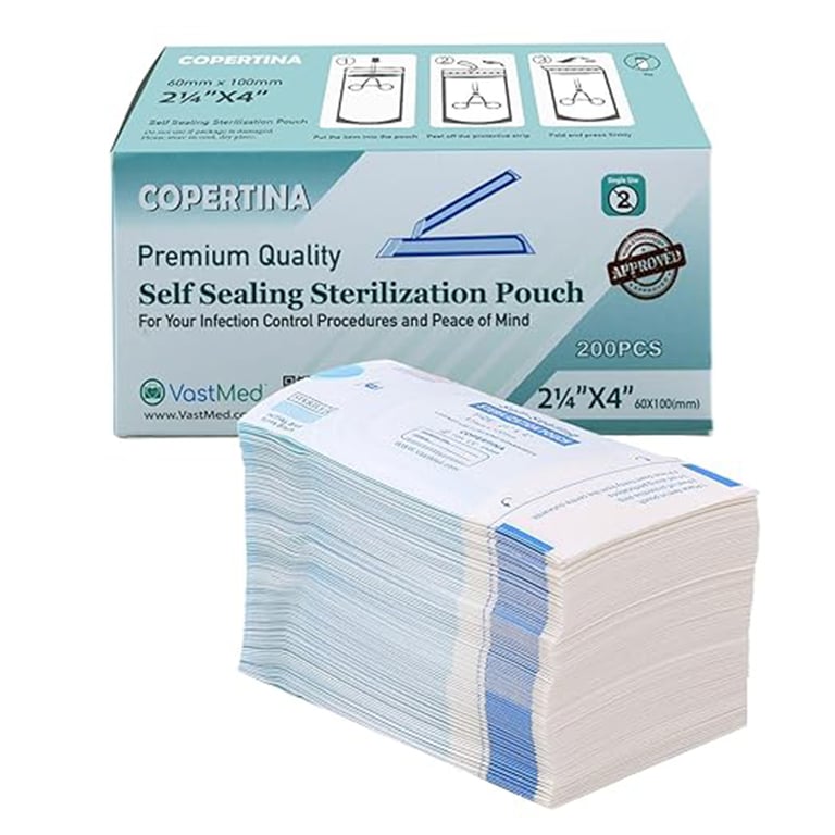 VastMed 2.25" x 4" Self-Sealing Sterilization Pouch, Dual Indicators, 200/Pk, Case of 50. Features