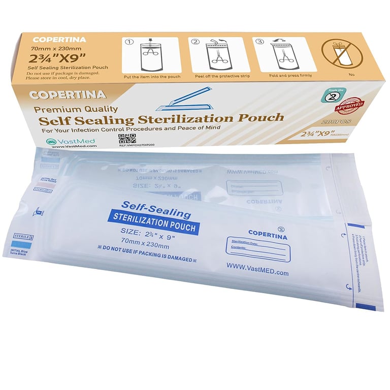 VastMed 2.75" x 9" Self-Sealing Sterilization Pouch, Dual Indicators, 200/Pk, Case of 20. Features