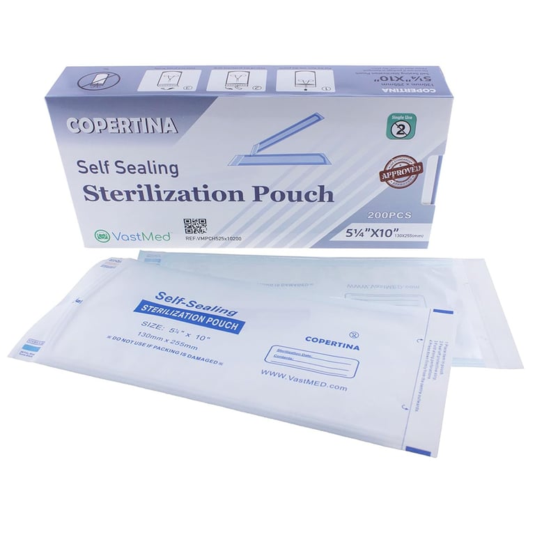 VastMed 5.25" x 10" Self-Sealing Sterilization Pouch, Dual Indicators, 200/Pk, Case of 10
