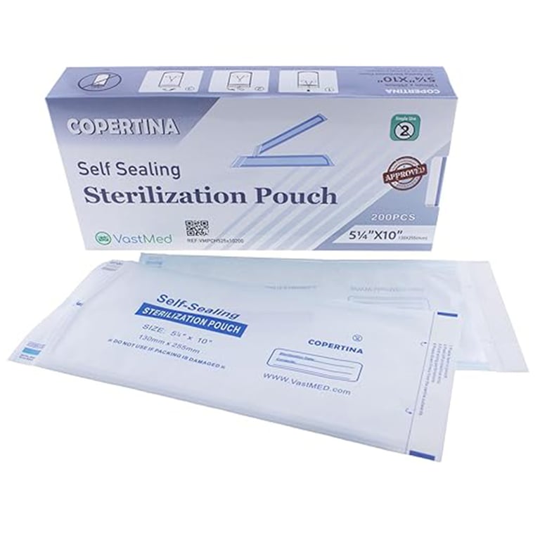 VastMed 5.25" x 10" Self-Sealing Sterilization Pouch, Dual Indicators, 200/Pk, Case of 5. Features