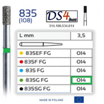 DS4 Burs FG #835.014 Cylinder, Diamond Bur Coarse Grit, Green , Pack of 10. Made in Poland