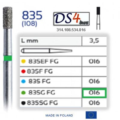 DS4 Burs FG #835.016 Cylinder, Diamond Bur Coarse Grit, Green , Pack of 10. Made in Poland