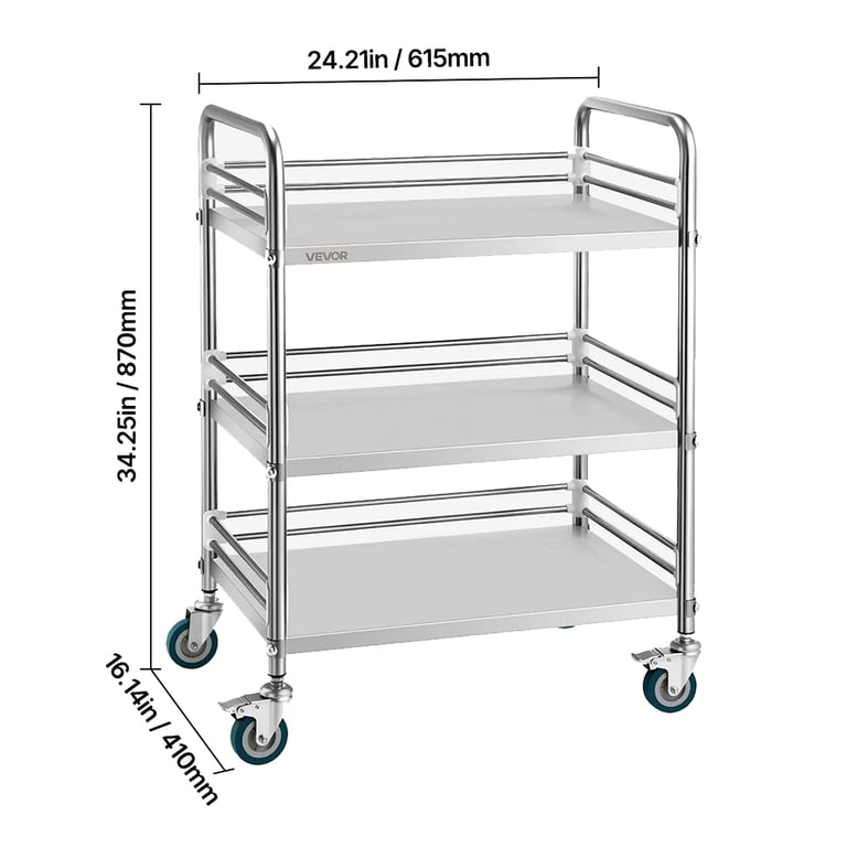 Vevor Stainless Steel Utility Cart, 3-Tier, 1/Pk