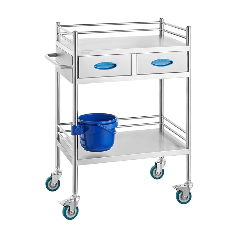 Vevor Stainless Steel Utility Cart, 2-Tiers, 2 Drawers, 1 Bucket, 1/Pk. Designed with four 360°