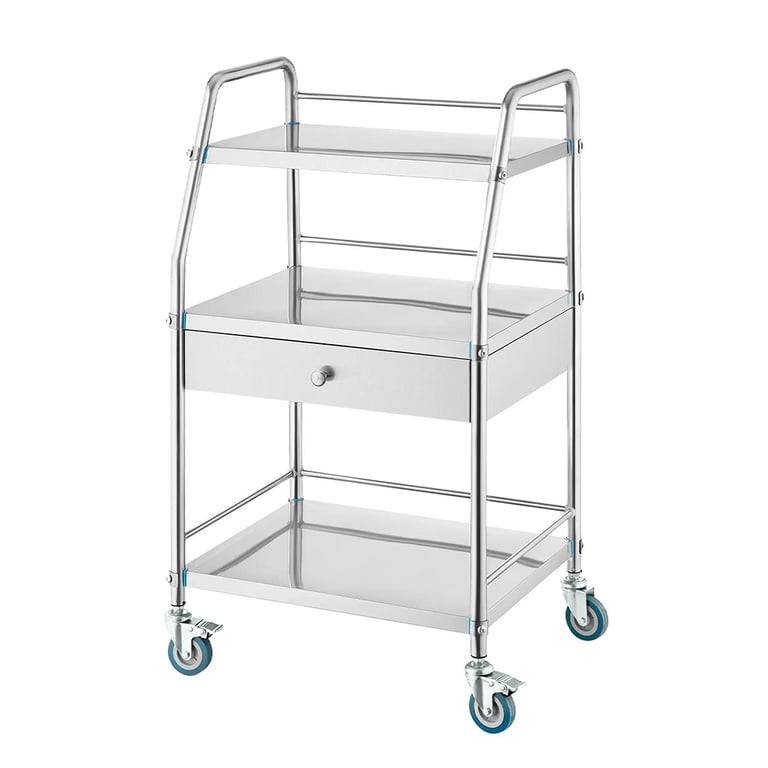 Vevor Stainless Steel Utility Cart, 3-Tier, 1 Drawer, 1/Pk. 220 lb weight capacity with four 360°