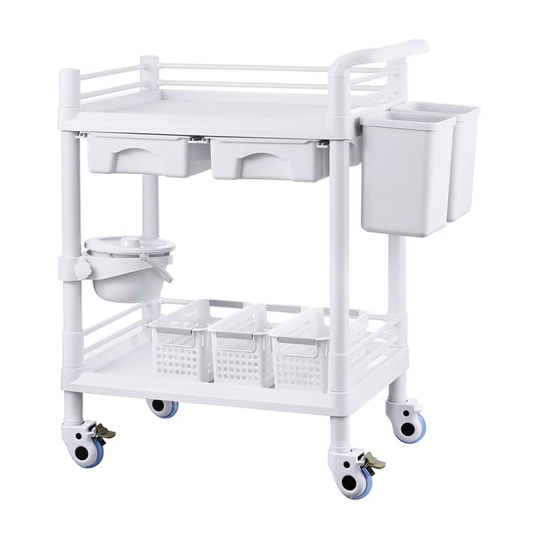 Vevor PP Utility Cart, 2 Tiers, 2 Drawers, 3 Trash Cans, White, 1/Pk. Features stable load-bearing