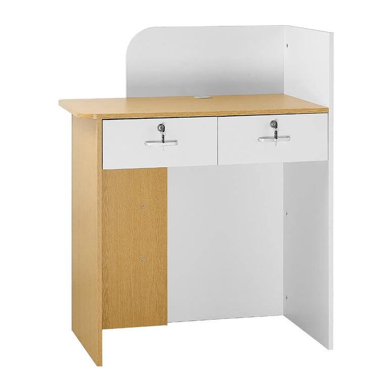 Vevor Particle Board Reception Desk, 2 Drawers and Power Outlets, 1/Pk. Features white and wood