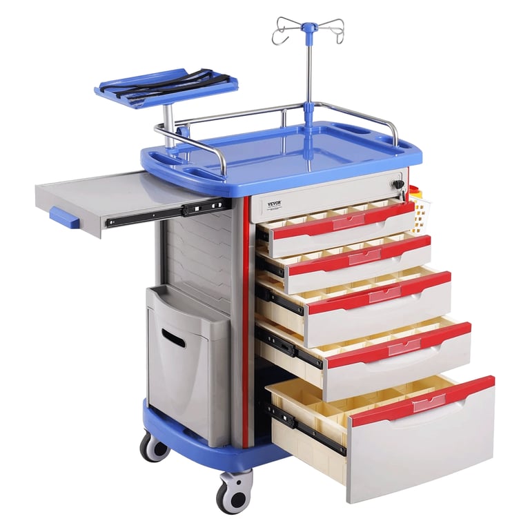 Vevor 5-Tier Mobile Lab Utility Cart w/5 Drawers & 2 Trash Cans, Blue, 1/Pk. Constructed