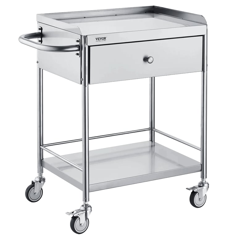 Vevor Stainless Steel Medical Utility Cart, 2-Tier, 1 Drawer, 1/Pk. Designed to hold 220lbs load