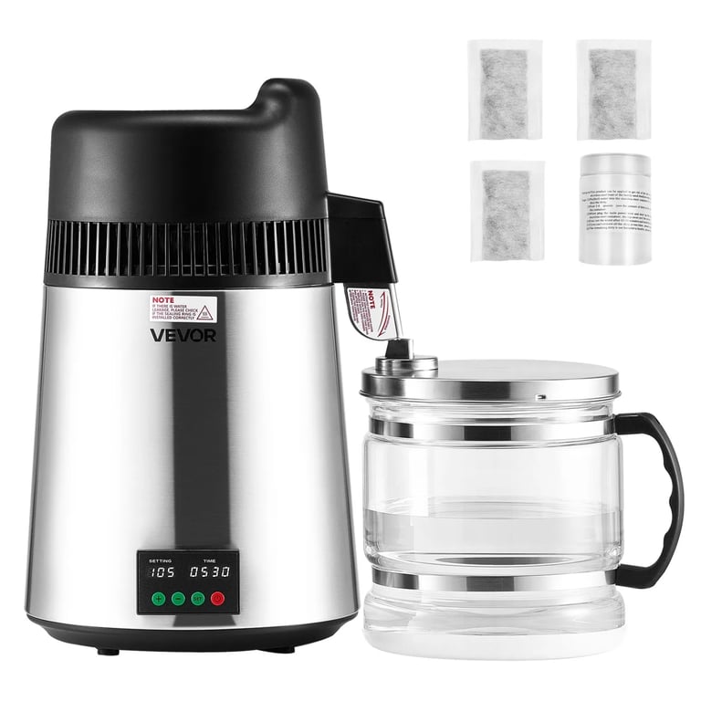 Vevor Water Distiller, 6.0 L, 900W, 304 SS Interior, Glass Container, 1/Pk. Countertop water