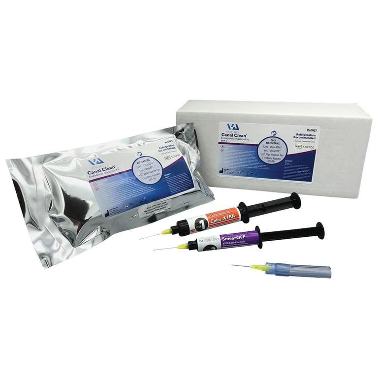 CanalClean Irrigation Kit, 4/Box. Each kit contains 1 x 12 mL Chlor-XTRA 6% sodium hypochlorite, 1