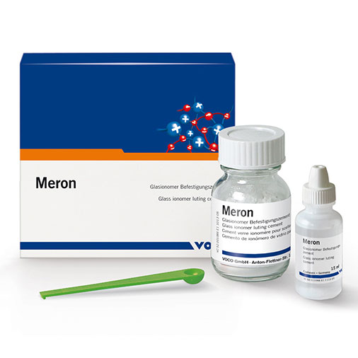 Meron Glass Ionomer Luting Cement, Mini Set: 15 g Powder & 7 ml Liquid. Luting of crowns, bridges