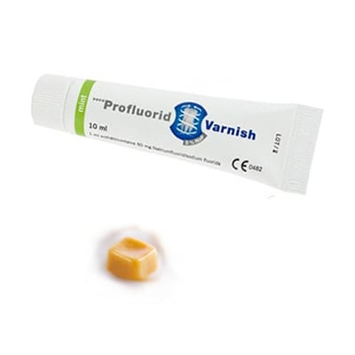 Profluorid 5% Sodium Fluoride Varnish - Caramel, 10 ml tube. White transparent color without