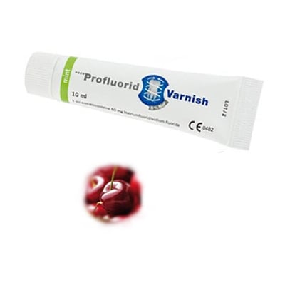 Profluorid 5% Sodium Fluoride Varnish - Cherry, 10 ml tube. White transparent color without yellow