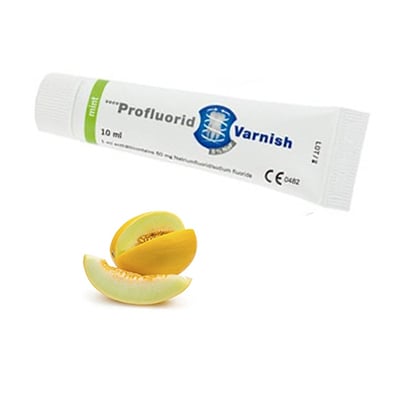 Profluorid 5% Sodium Fluoride Varnish - Melon, 10 ml tube. White transparent color without yellow