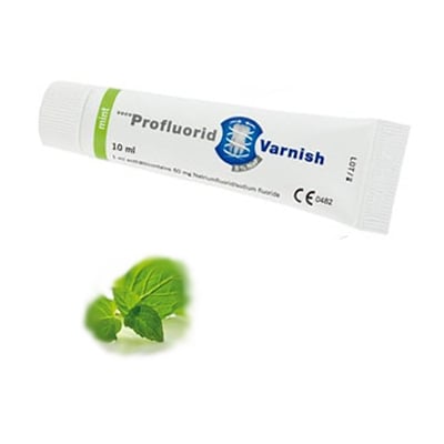 Profluorid 5% Sodium Fluoride Varnish - Mint, 10 ml tube. White transparent color without yellow