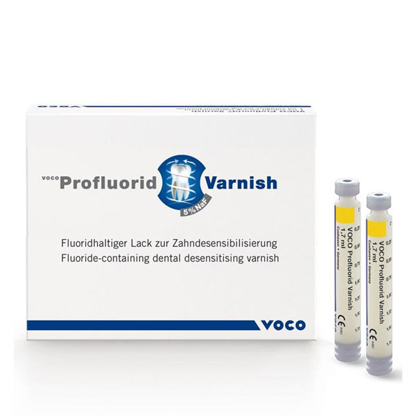 Profluorid 5% Sodium Fluoride Varnish - Melon, 5 x 1.7 mL Ampules. White transparent color without