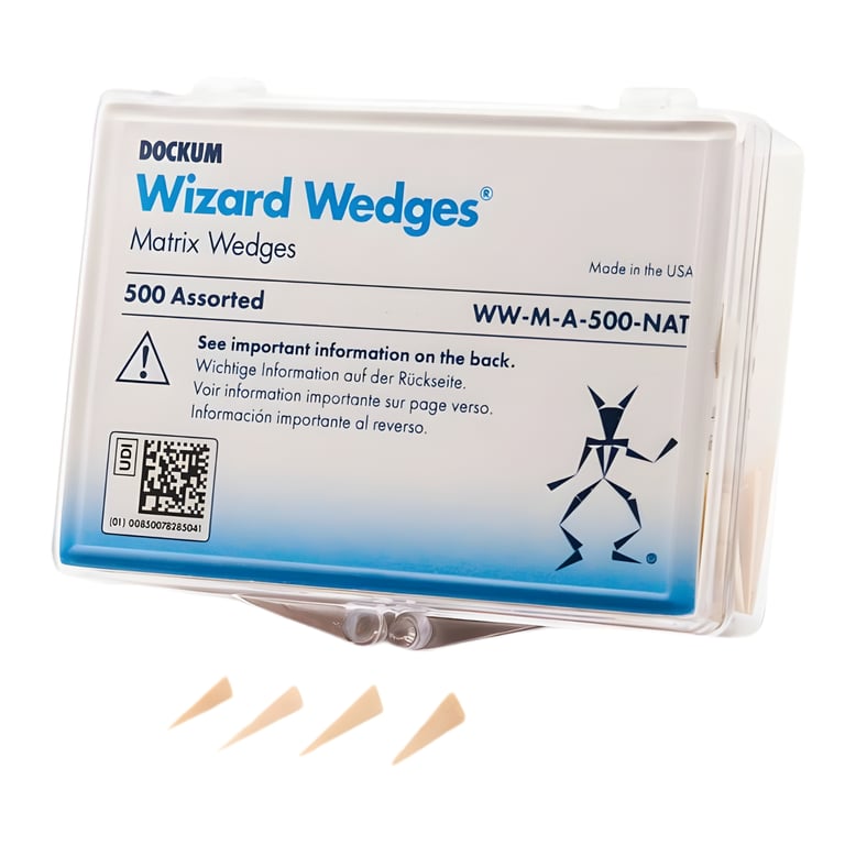 Dockum Wizard Wedges, M Series, Assorted Sizes, Natural, 500/Box. Contains an assortment