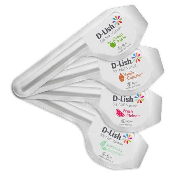 D-Lish 5% Sodium Fluoride Varnish - Assorted Flavors, Box of 50. Each package contains a colorful