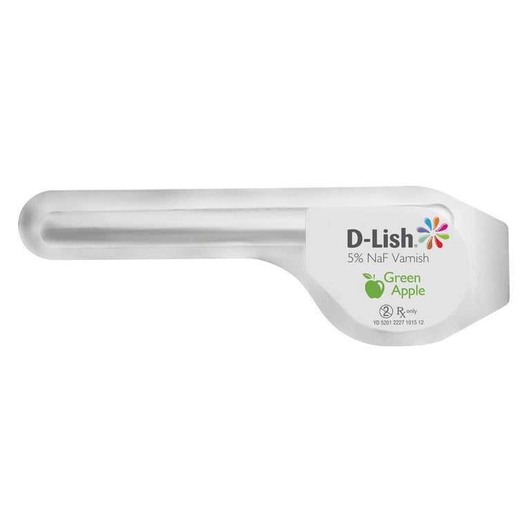 D-Lish 5% Sodium Fluoride Varnish, Green Apple Flavor, 200/Box. Gluten-free, sweetened