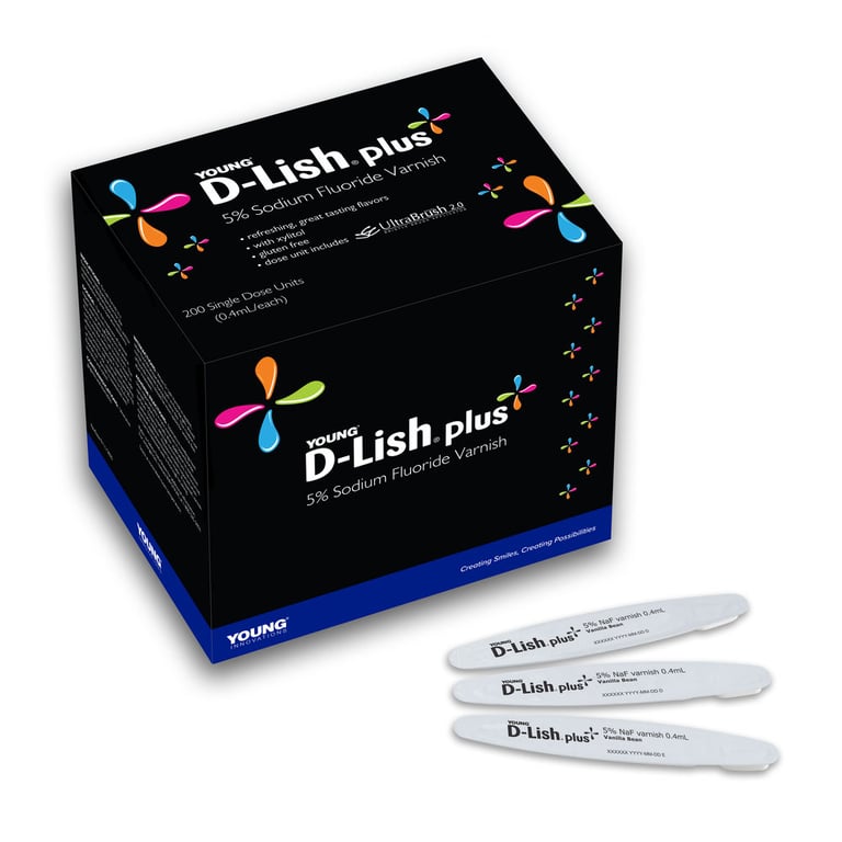D-Lish Plus 5% Sodium Fluoride Varnish, Arctic Mint Flavor, 0.4mL Unit Dose, 200/Box. Contains
