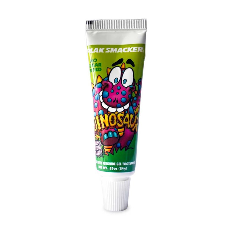 Plak Smacker Dinosaur Travel Toothpaste, Bubblegum, 0.85 oz., 12/Pk. Sodium-fluoride, anticavity