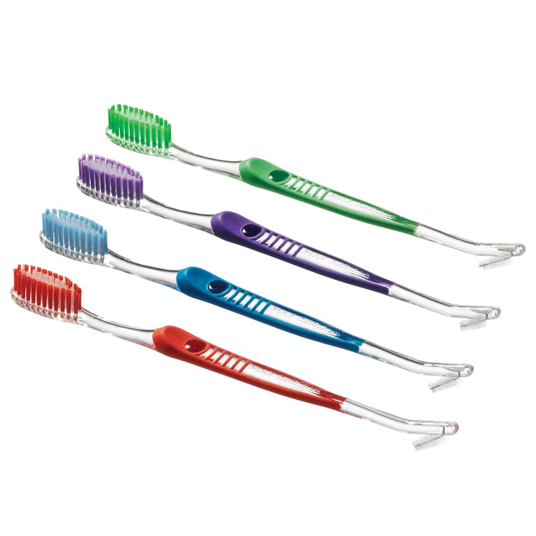 Plak Smacker Dual-Head Rubber Handle Toothbrush, 40-Tuft, Assorted, 144/Box. Nylon bristles