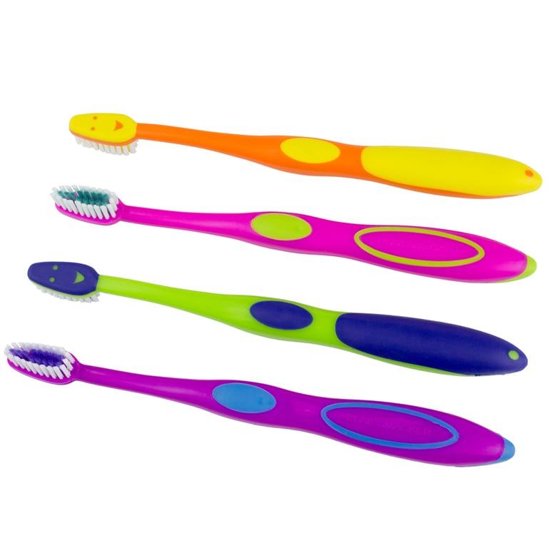Plak Smacker E-Junior 34-Tuft Toothbrush, Assorted, 144/Box. Bright, two-tone colors. Rubber grip