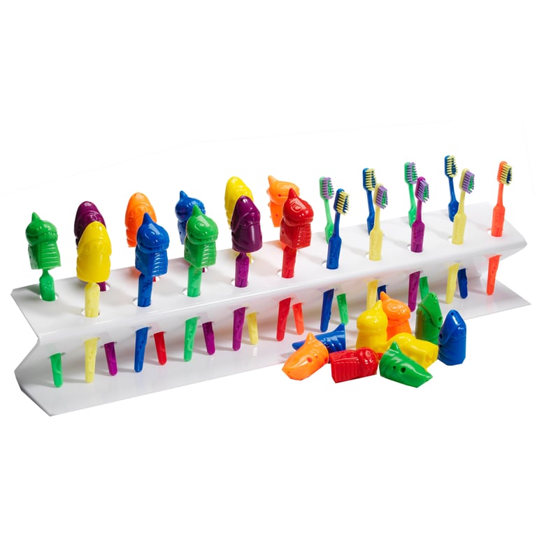 Plak Smacker Rack Set with 20 Embossed Brushes and 20 Character Covers. Nonporous plastic racks