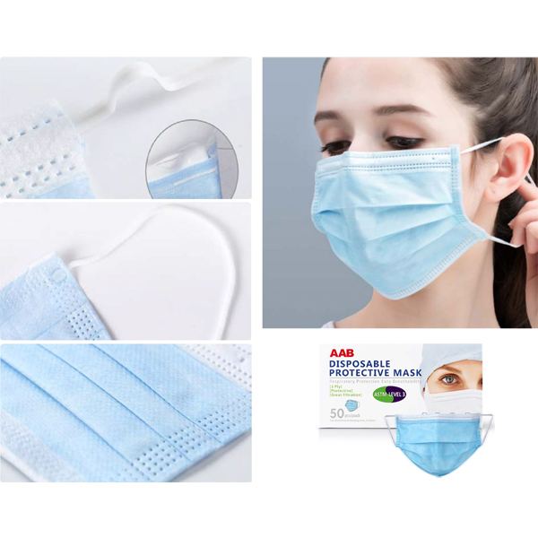 AAB ASTM Level 3 Earloop Face Mask, 3 Ply, 50/Box AAB ASTM Level 3 Earloop Face Mask, 3 Ply, 50/Box