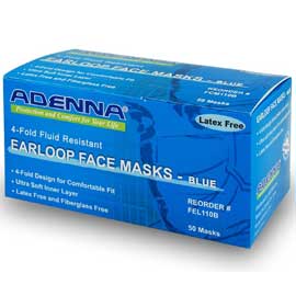 Adenna Earloop Face Mask, Blue 50/Box. Fluid Resi Adenna Earloop Face Mask, Blue 50/Box. Fluid Resi
