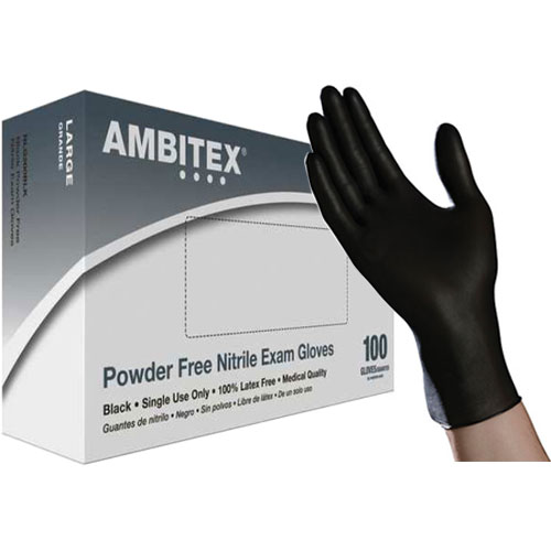 Ambitex Nitrile Exam Gloves LARGE PowderFree, Black 100/Bx Dental
