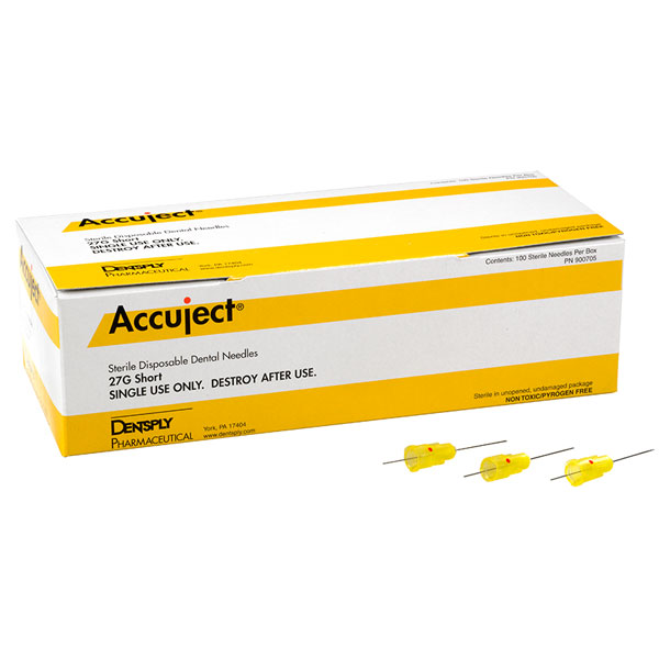 Accuject 27 Gauge Short Needle, Yellow Plastic Hub, 100/Box. Disposable