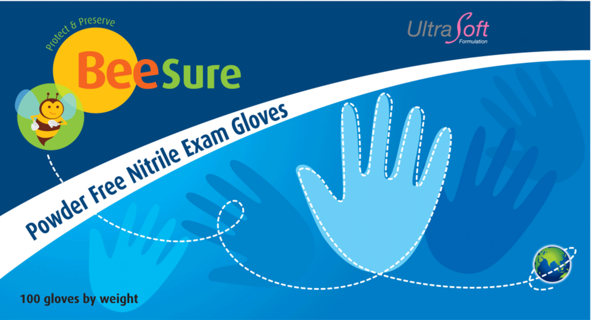 BeeSure Nitrile Gloves, Large, 100/Bx Net32