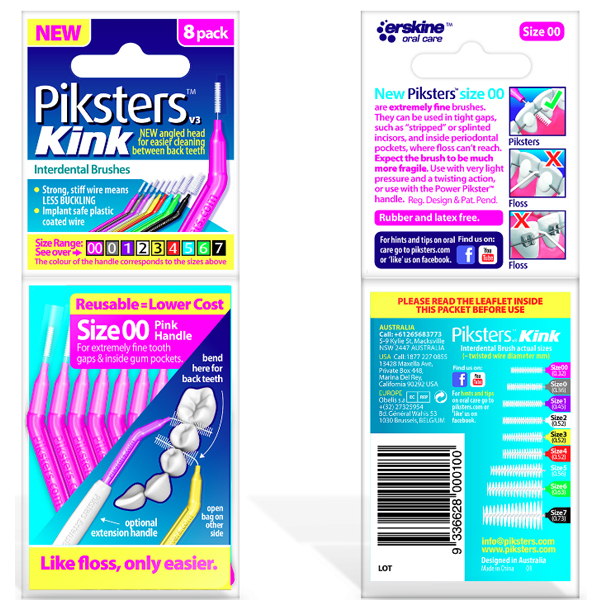 Piksters Kink Interdental Brushes 02, 8/Pk. Angled handle reduces