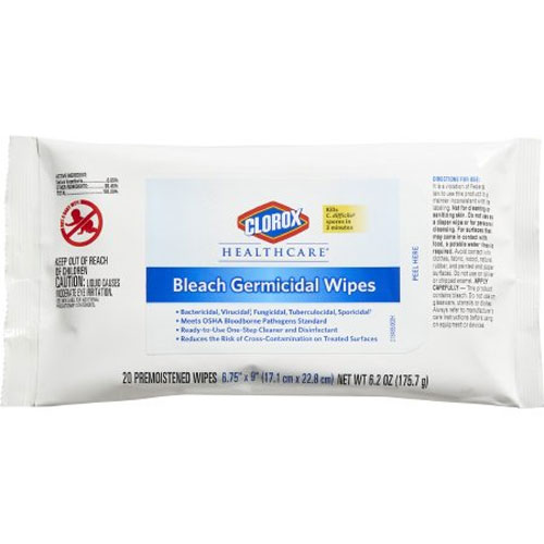 Clorox Bleach Germicidal Wipes 6.75" x 9". 20/pk, 24 packs/cs. EPA