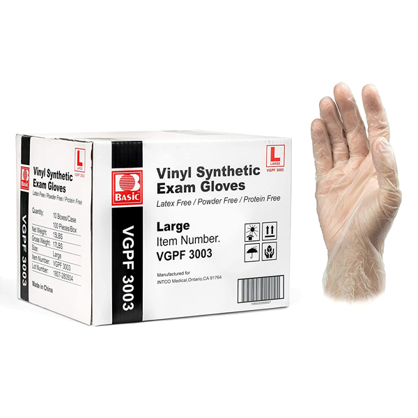 Basic Medical Vinyl Exam Gloves LARGE Case of 10 x 100/Box. Powder