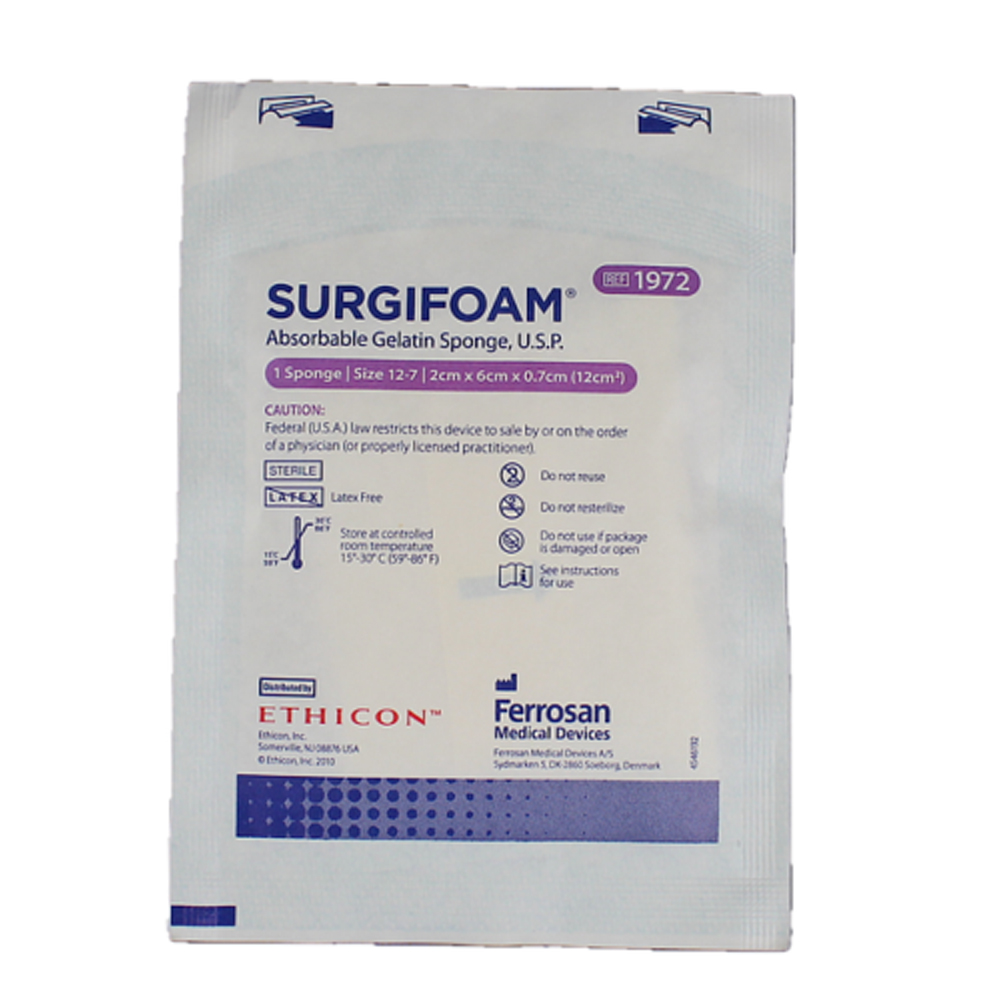 Surgifoam Absorbable Gelatin Sponge, 2 cm x 6 cm x 7 mm, Sterile 12/Box