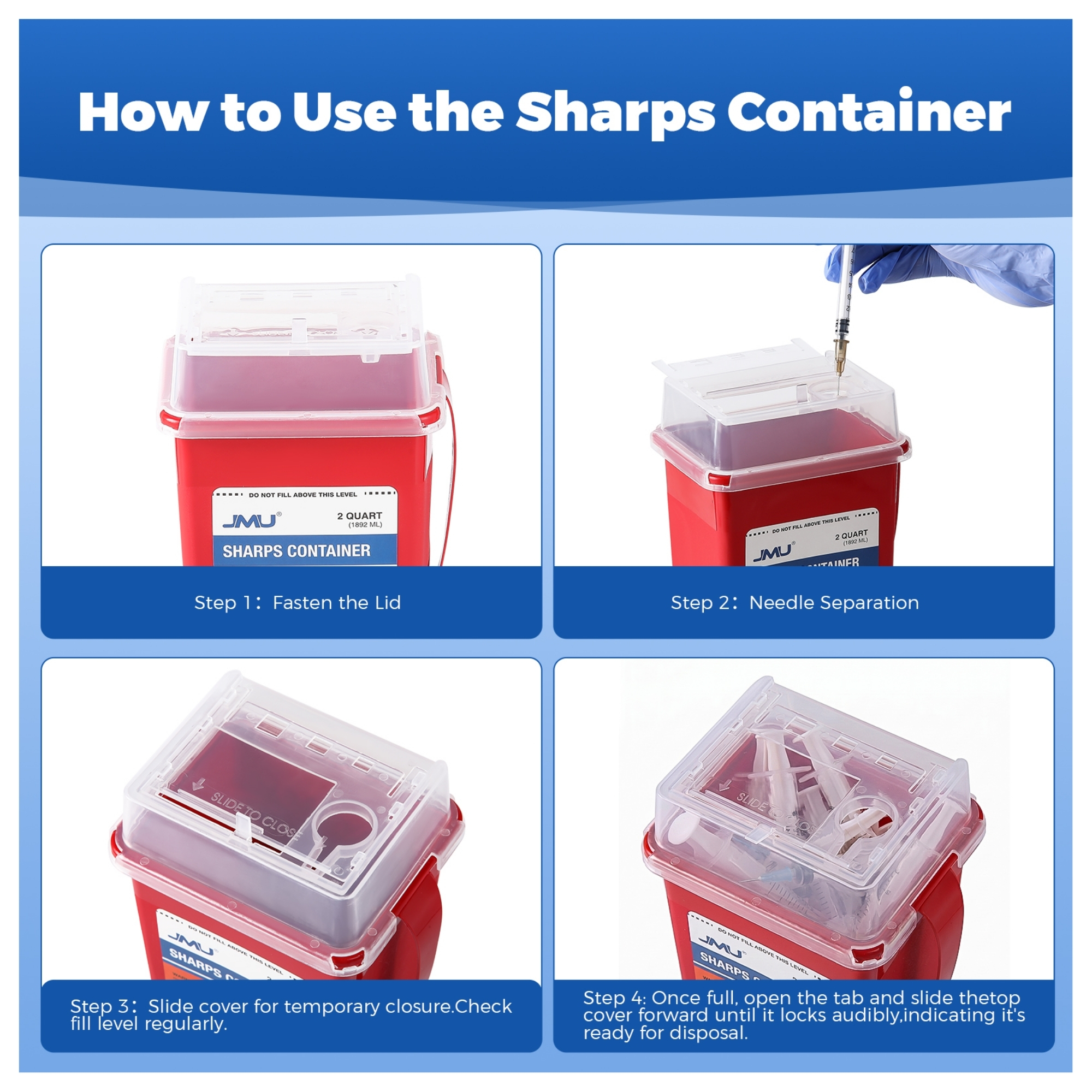 JMU SC-2QT 2 Quart Polypropylene Sharps Container, Sliding Lid, Red, 3 ...