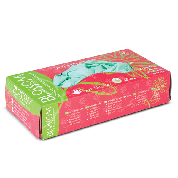 Blossom Nitrile Gloves with Aloe Vera SMALL 100/Bx. Green, PowderFree