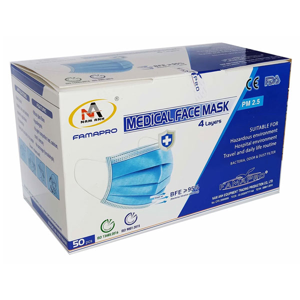 Famapro Earloop Disposable Face Mask, Blue, 50/Box. BFE >= 95. Due Net32