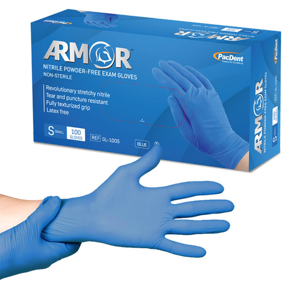Armor Nitrile Exam Gloves SMALL 100/Bx. Blue, PowderFree, Latex Free