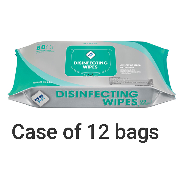 WipesPlus 7" x 8" Disinfecting Surface Wipes 12x 80/Pk. Lint free and