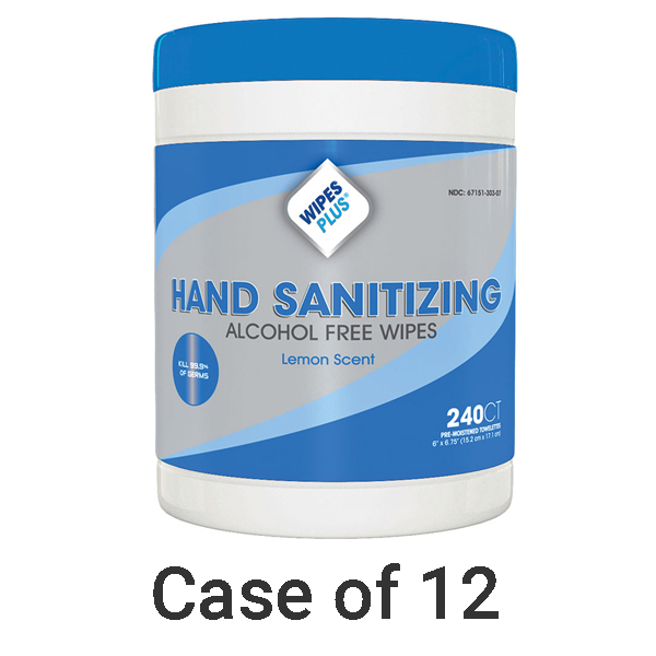 WipesPlus 6"x6.75" Alcohol Free Hand Sanitizing Wipes 12x 240/Canister Dental Supplies