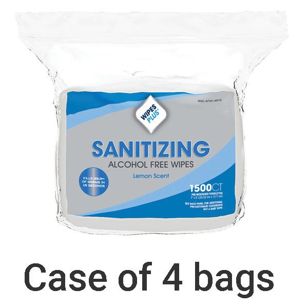 WipesPlus 8"x5" Alcohol Free Hand Sanitizing Wipes Refill 4x 1500/Bag